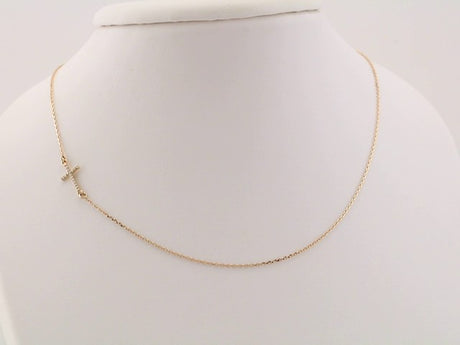 14K Yellow Gold .04 CTW Natural Diamond Off-Center Sideways Cross 16" Necklace  