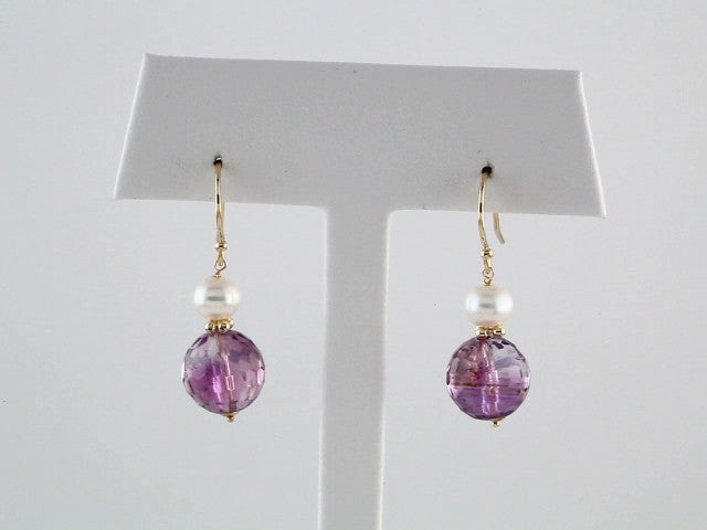 14K Yellow Gold Natural Amethyst & Cultured White Freshwater Pearl Earrings