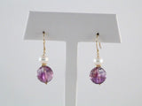 14K Yellow Gold Natural Amethyst & Cultured White Freshwater Pearl Earrings