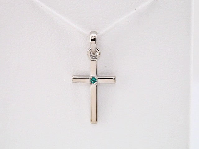 14K White Natural Emerald Cross Pendant