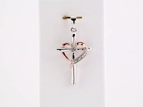 Sterling Silver .006 CTW Natural Diamond Heart Cross Pendant