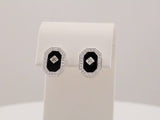 Sterling Silver Natural Black Onyx & Imitation White Cubic Zirconia Halo-Style Earrings