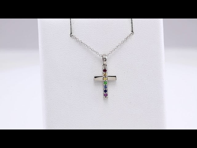 14K White Natural Multi-Gemstone Cross 16-18" Necklace