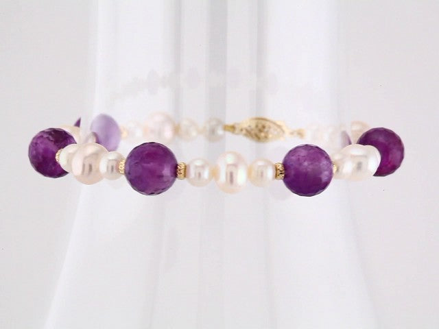 14K Yellow Gold Natural Amethyst & Cultured White Freshwater Pearl 7 1/2" Bracelet 