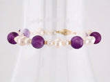 14K Yellow Gold Natural Amethyst & Cultured White Freshwater Pearl 7 1/2" Bracelet 