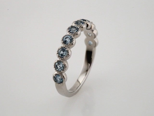 14K White Natural Aquamarine Beaded Ring