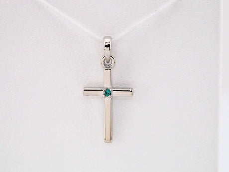 14K White Gold Natural Emerald Cross Pendant
