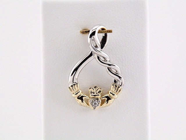 Sterling Silver & 10K Yellow .01 CT Natural Diamond Claddagh Pendant