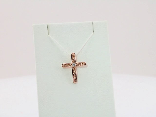 14K Rose .03 CT Natural Diamond Cross Pendant