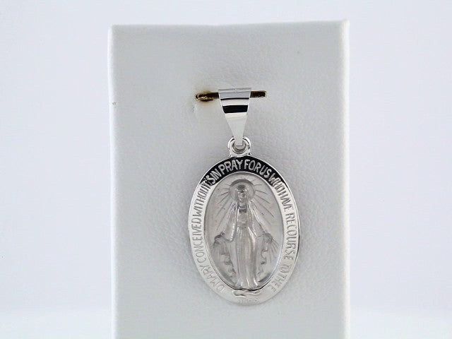 14K White Gold 19x13.5 mm Oval Hollow Miraculous Medal