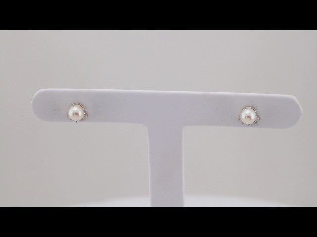 14K White Gold Cultured White Freshwater Cultured Pearl & .08 CTW Natural Diamond Earrings   