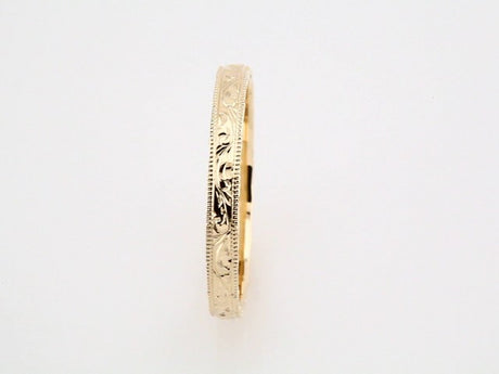 14K Yellow Gold 3 mm Hand-Engraved Milgrain Stepped-Edge Sculptural Half Round Band Size 8