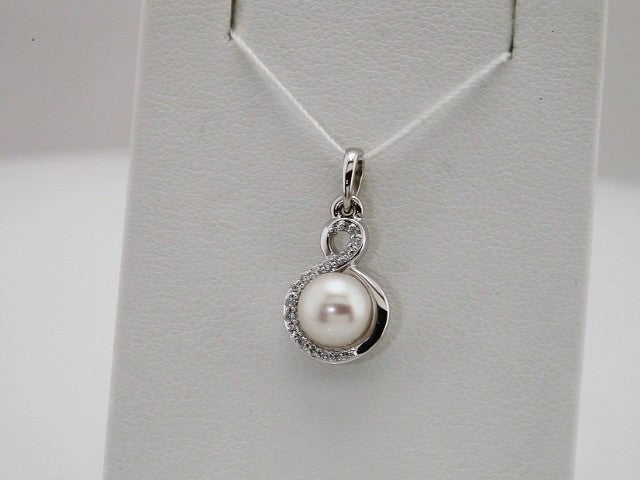 14K White Cultured White Freshwater Pearl & .07 CTW Natural Diamond Pendant