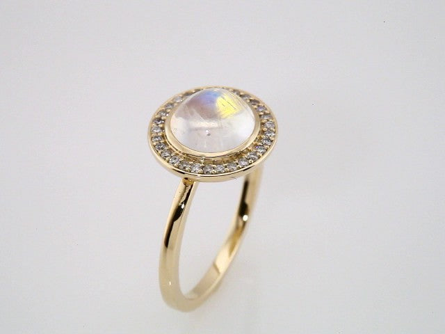 14K Yellow Natural Rainbow Moonstone & 1/8 CTW Natural Diamond Halo-Style Ring