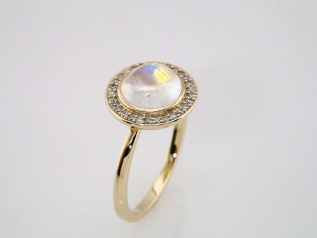 14K Yellow Natural Rainbow Moonstone & 1/8 CTW Natural Diamond Halo-Style Ring