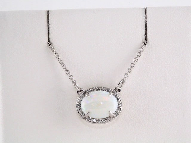 14K White Natural White Opal & .05 CTW Natural Diamond Halo-Style 16 1/2" Necklace