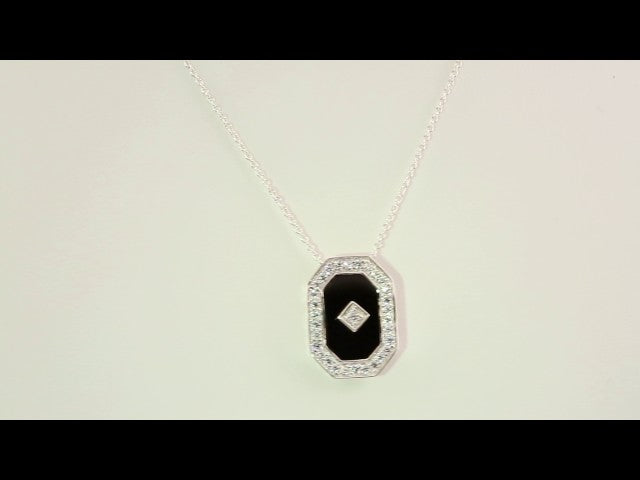 Sterling Silver Natural Black Onyx & Imitation White Cubic Zirconia Halo-Style 18" Necklace