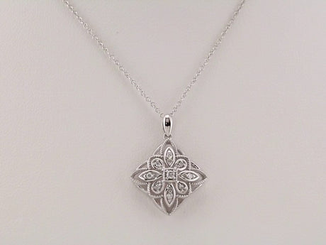 14K White Gold  1/10 CTW Natural Diamond Granulated Filigree 16-18" Necklace