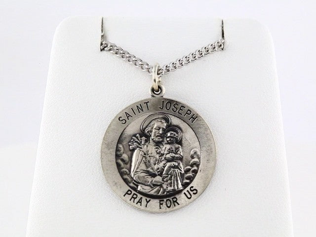 Sterling Silver 25 mm Round St. Joseph Medal 24" Necklace