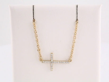 14K Yellow Gold .08 CTW Natural Diamond Sideways Cross 16-18" Necklace