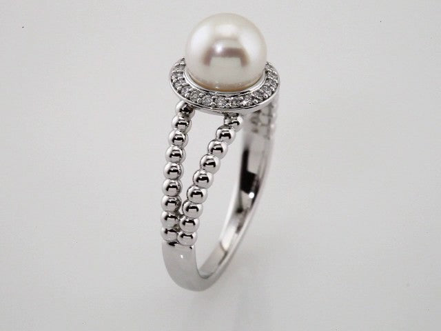 14K White Cultured White Freshwater Pearl & .08 CTW Natural Diamond Halo-Style Beaded Ring