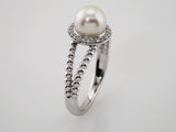 14K White Cultured White Freshwater Pearl & .08 CTW Natural Diamond Halo-Style Beaded Ring