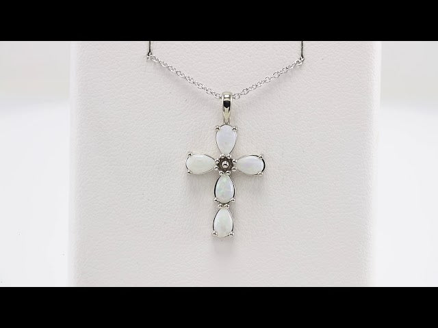 14K White Natural White Opal Cabochon Cross 16-18" Necklace