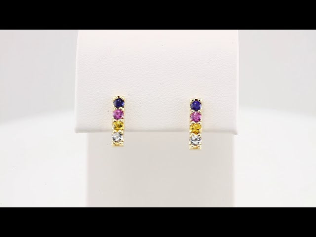 14K Yellow Natural Multi-Gemstone Bar Earrings