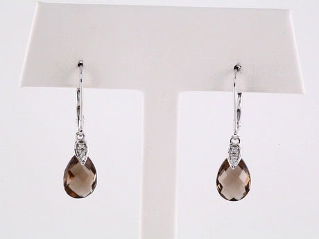 14K White Natural Briolette Smoky Quartz & .025 CTW Natural Diamond Earrings