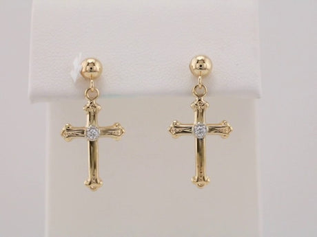 14K Yellow/White Gold .04 CTW Natural Diamond Cross & Ball Earrings  