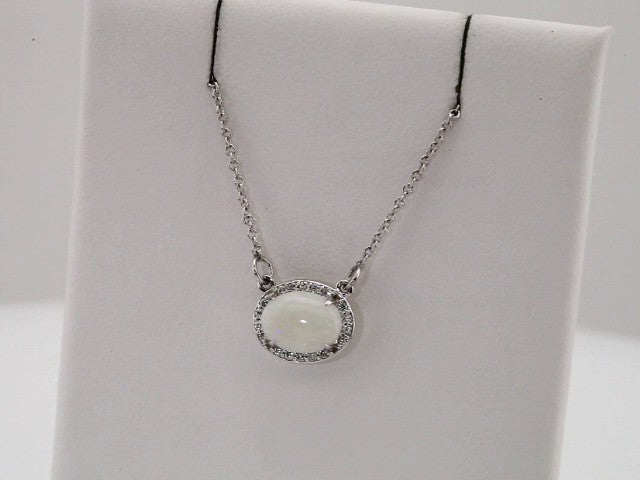 14K White Natural White Opal & .07 CTW Natural Diamond Halo-Style 16 1/2" Necklace