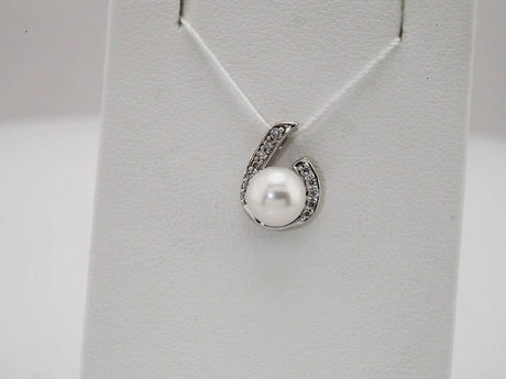 14K White Gold Cultured White Freshwater Pearl & .06 CTW Natural Diamond Pendant