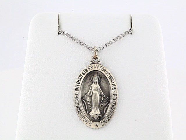 Sterling Silver 23x16 mm Oval Miraculous Medal 18" Necklace