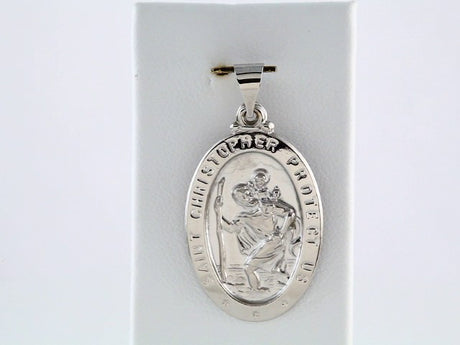 14K White 25x17 mm Oval Hollow St. Christopher Medal