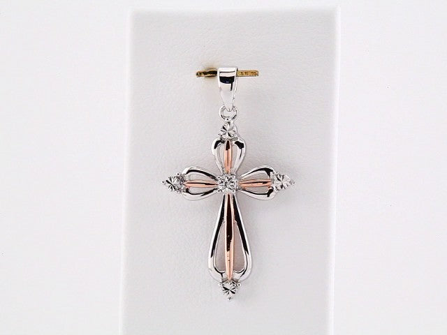 14K Rose Gold-Plated Sterling Silver .03 CT Natural Diamond Cross Pendant 