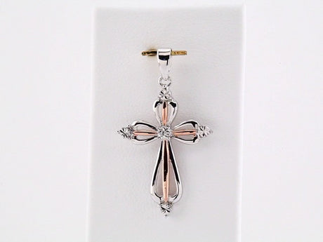 14K Rose Gold-Plated Sterling Silver .03 CT Natural Diamond Cross Pendant 