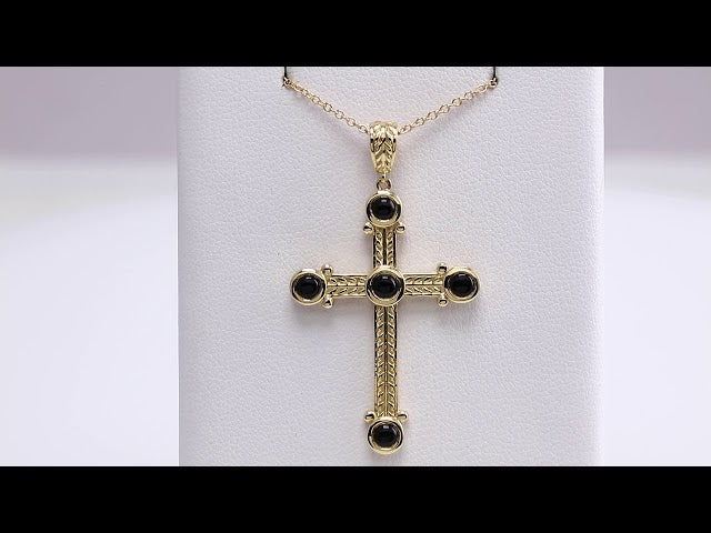 14K Yellow Natural Black Onyx Cross 16-18" Necklace