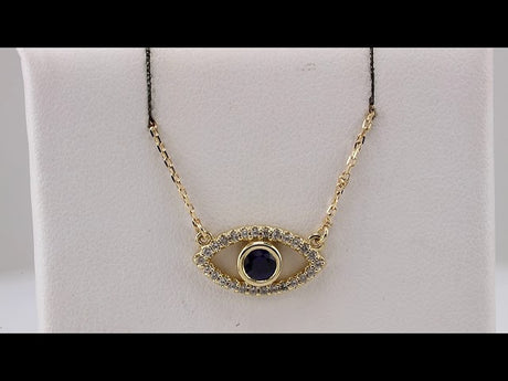 14K Yellow Natural Blue Sapphire & Natural White Sapphire Evil Eye 16" Necklace