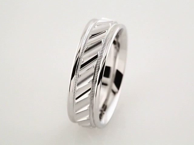 10K White 6.75 mm Milgrain Edge Diagonal Grooved Comfort-Fit Half Round Band Size 12.5