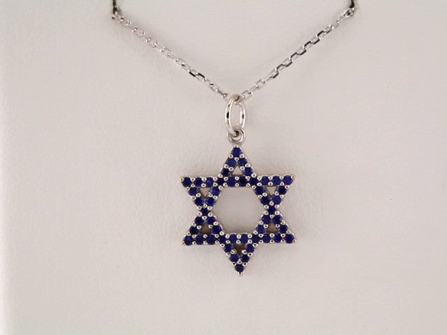 14K White Natural Blue Sapphire Star of David 16" Necklace