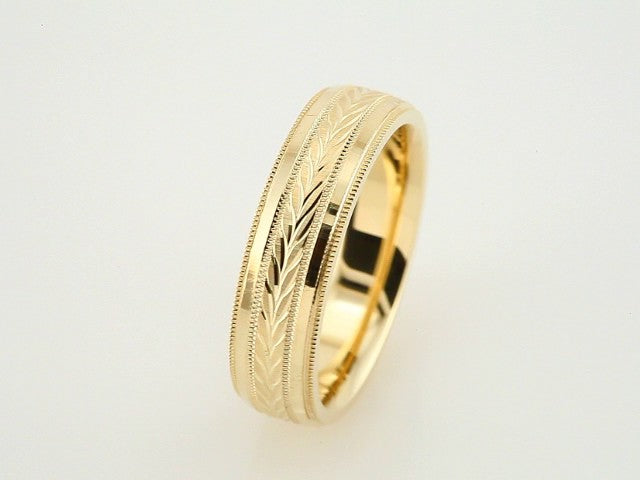 10K Yellow Gold 6 mm Milgrain Wheat Pattern Comfort-Fit Half Round Band Size 7.5