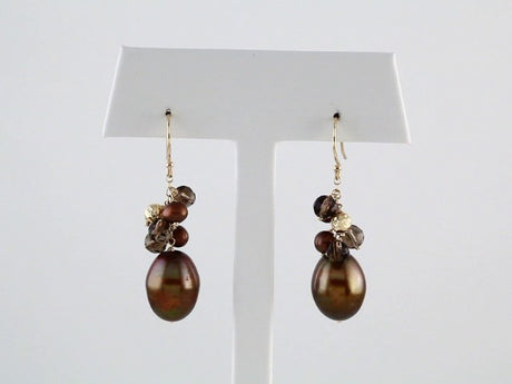 14K Yellow Cultured Dyed Chocolate Freshwater Pearl & Natural Smoky Quartz Earrings