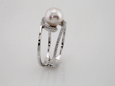 14K White Gold Cultured White Freshwater Pearl & 1/8 CTW Natural Diamond Ring