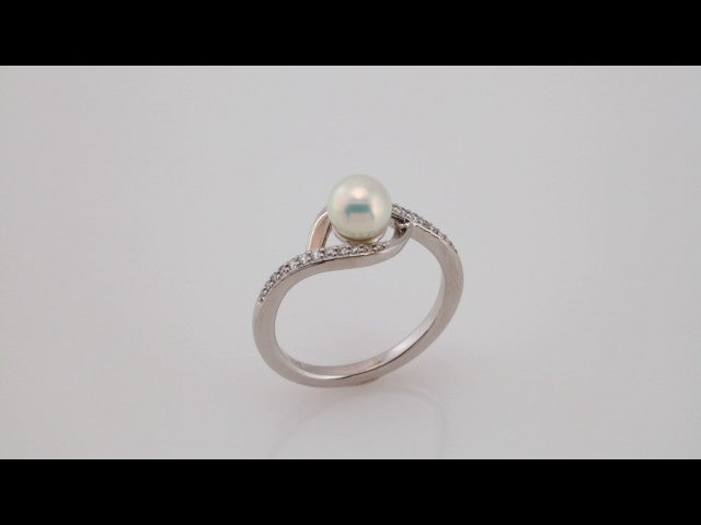 14K White Cultured White Freshwater Pearl & 1/8 CTW Natural Diamond Ring