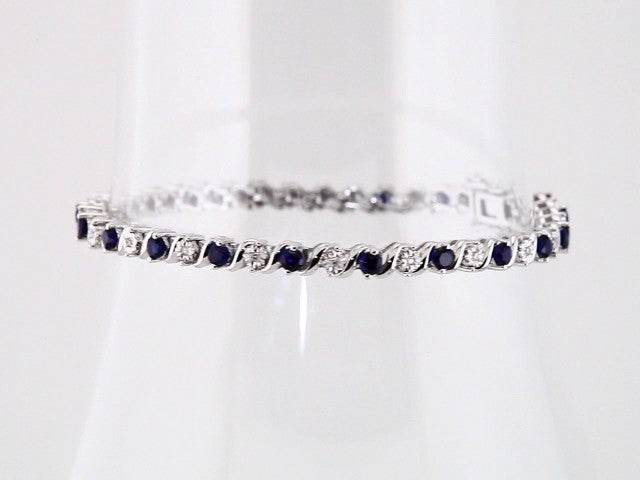 14K White Lab-Grown Blue Sapphire & 1/10 CTW Natural Diamond Line 7" Bracelet