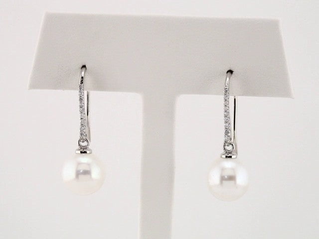 14K White Gold Cultured White Freshwater Pearl & 1/8 CTW Natural Diamond Earrings