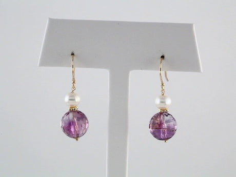 14K Yellow Gold Natural Amethyst & Cultured White Freshwater Pearl Earrings