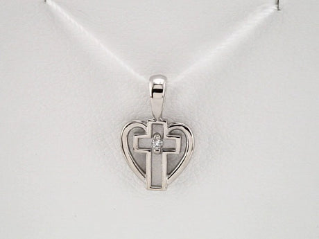 14K White .01 CT Natural Diamond Cross & Heart Pendant